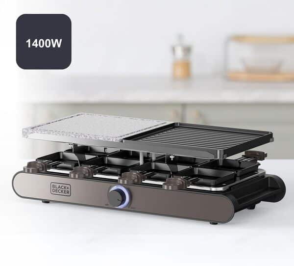 Black+Decker – Raclette, 8 convives| Plaques 21 x 21 cm| Température réglable| 1400 W| Plaque réversible et antiadhésive| Pierre naturelle| Accessoires inclus| Sans PFOA
