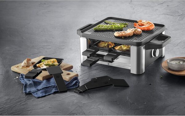 WMF Lono Gril à raclette, avec poêlons et poussoirs, raclette pour 4 personnes, 870 W, en acier inoxydable, mat