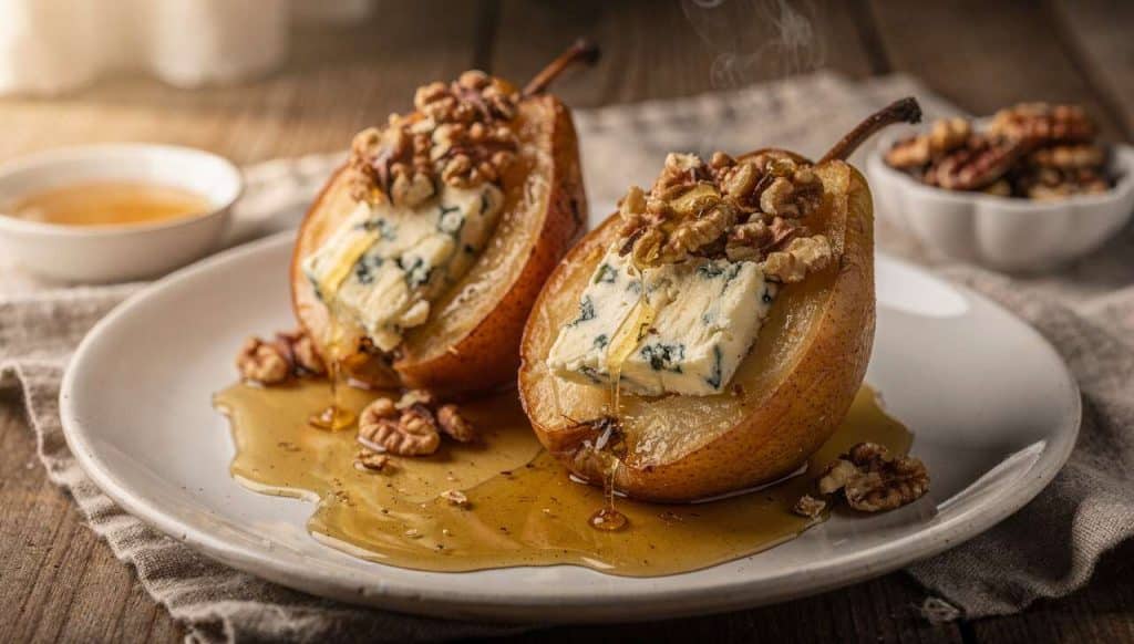 Poire au four farcie au bleu et noix : recette gourmande