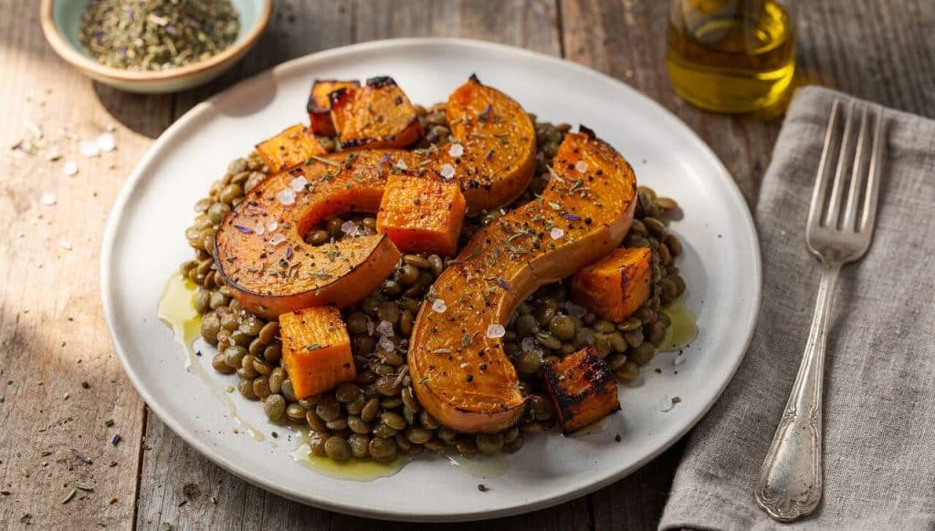 Butternut rôtie au four : recette aux lentilles vertes