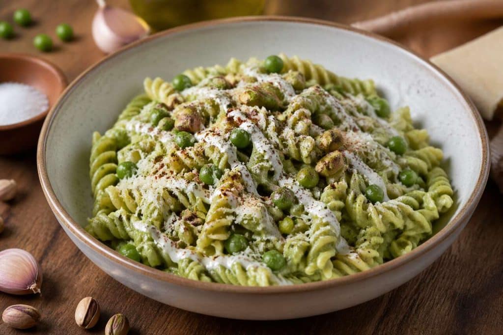 Salade de pâtes Primavera à la crème de petit pois et pistache