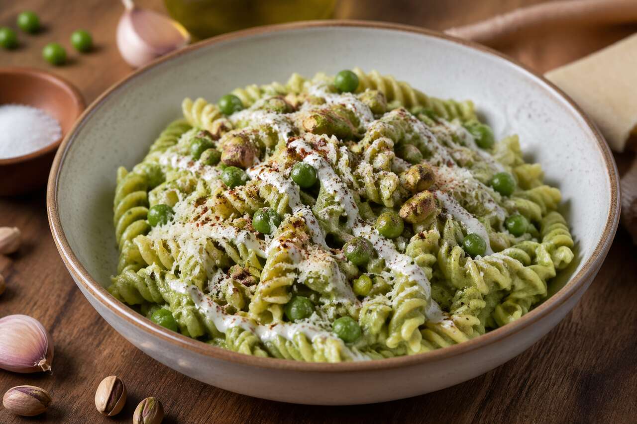 Salade de pâtes Primavera à la crème de petit pois et pistache