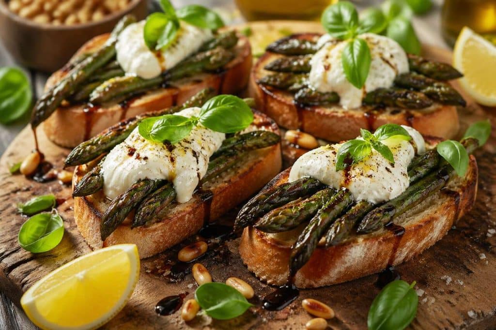 Bruschetta aux asperges grillées et burrata : recette savoureuse