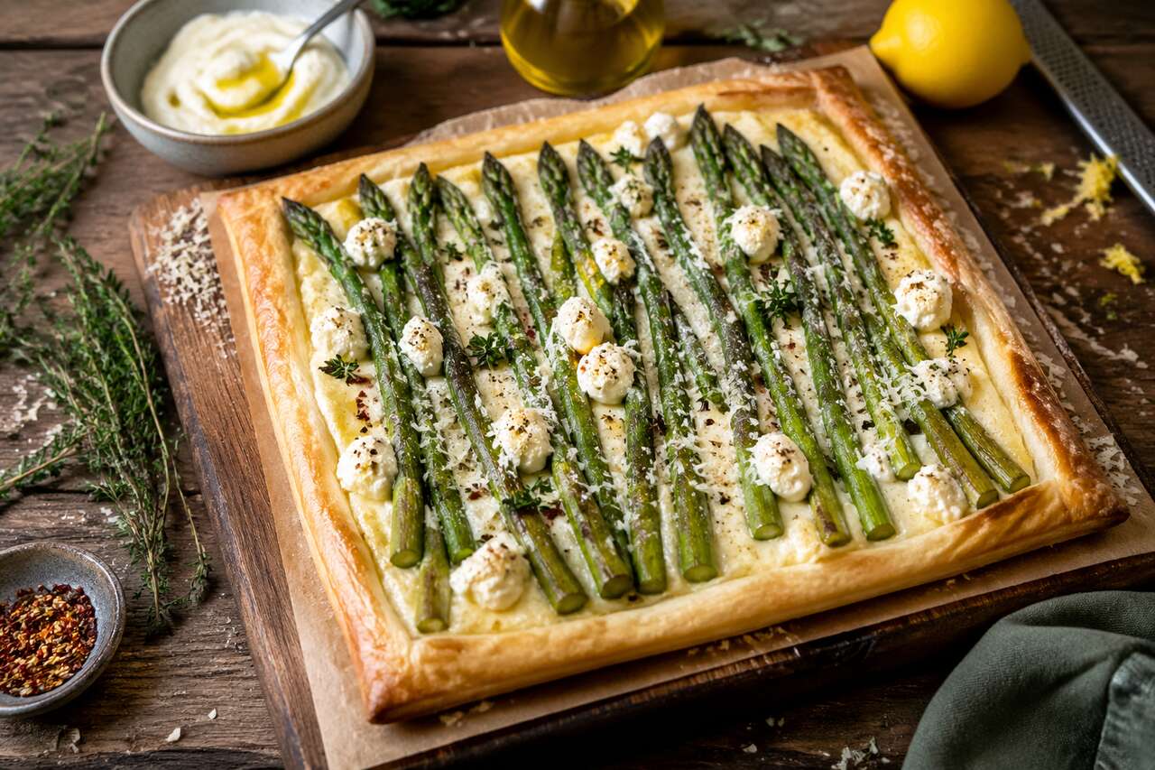 Tarte fine aux asperges, ricotta et parmesan