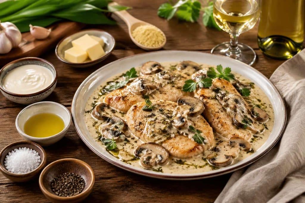 Escalope de dinde à la crème, champignons et ail des ours : recette savoureuse