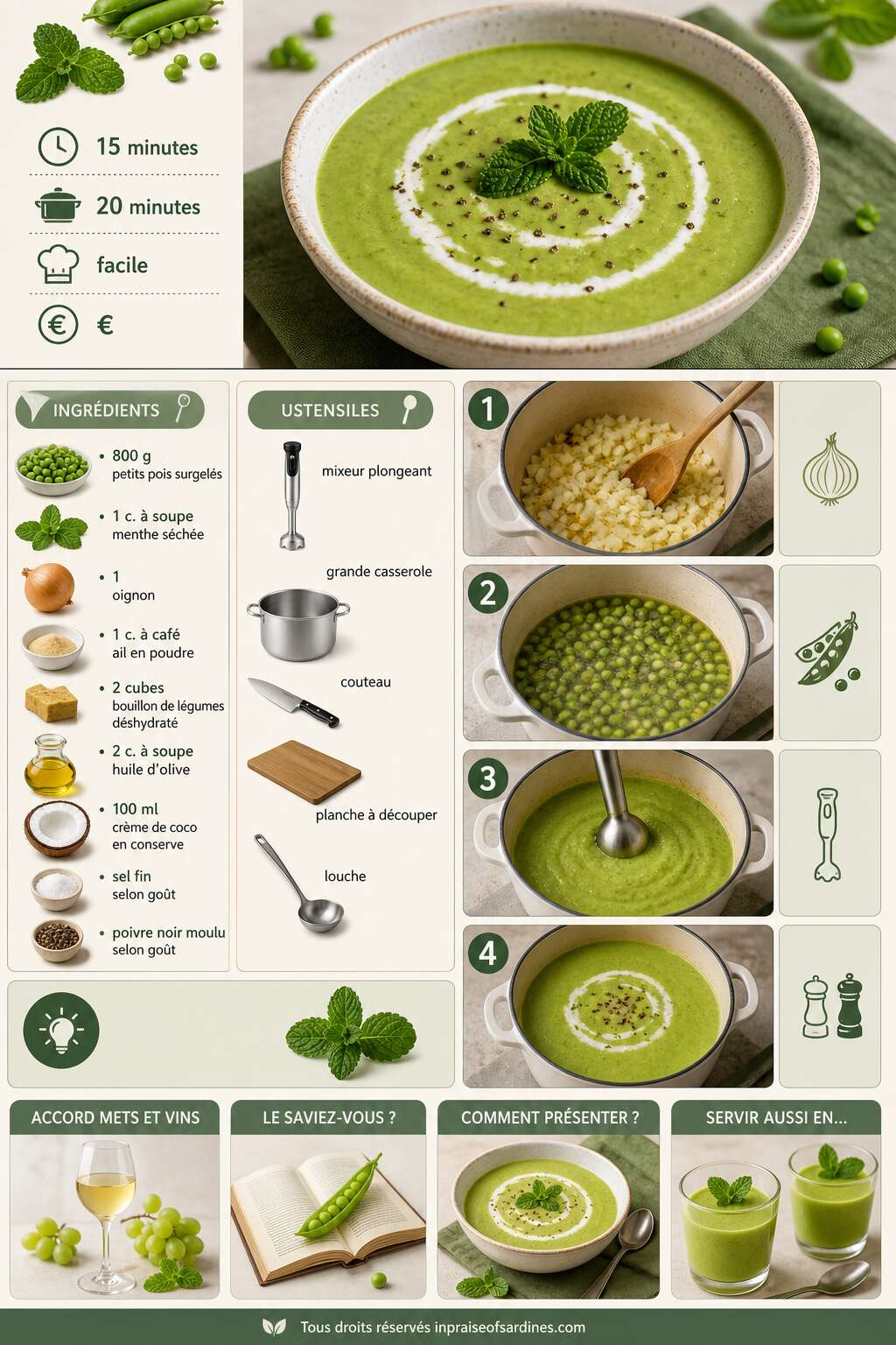 Fiche recette Velout&eacute; de petits pois &agrave; la menthe : recette simple et savoureuse