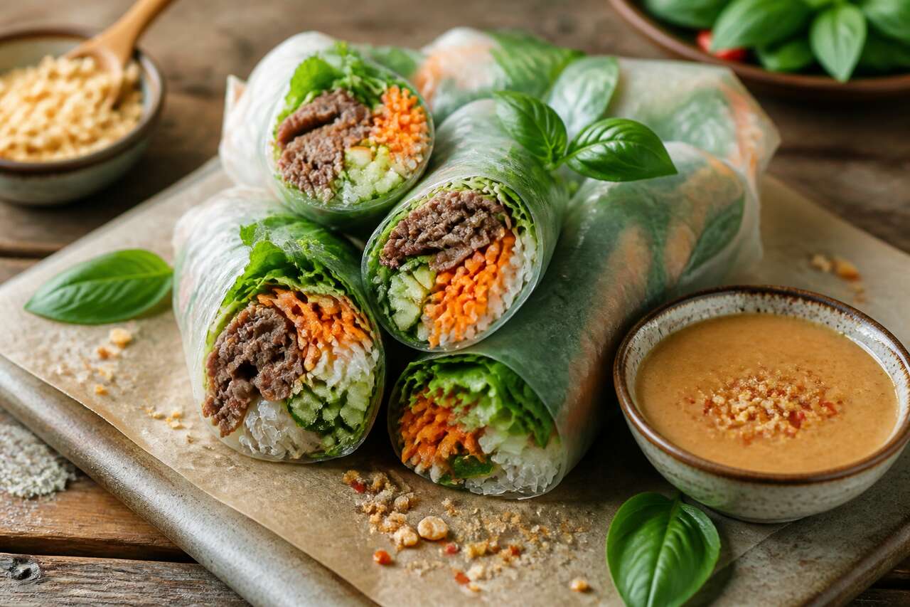 Rouleaux de printemps au bœuf et basilic thaï : recette savoureuse avec sauce cacahuète