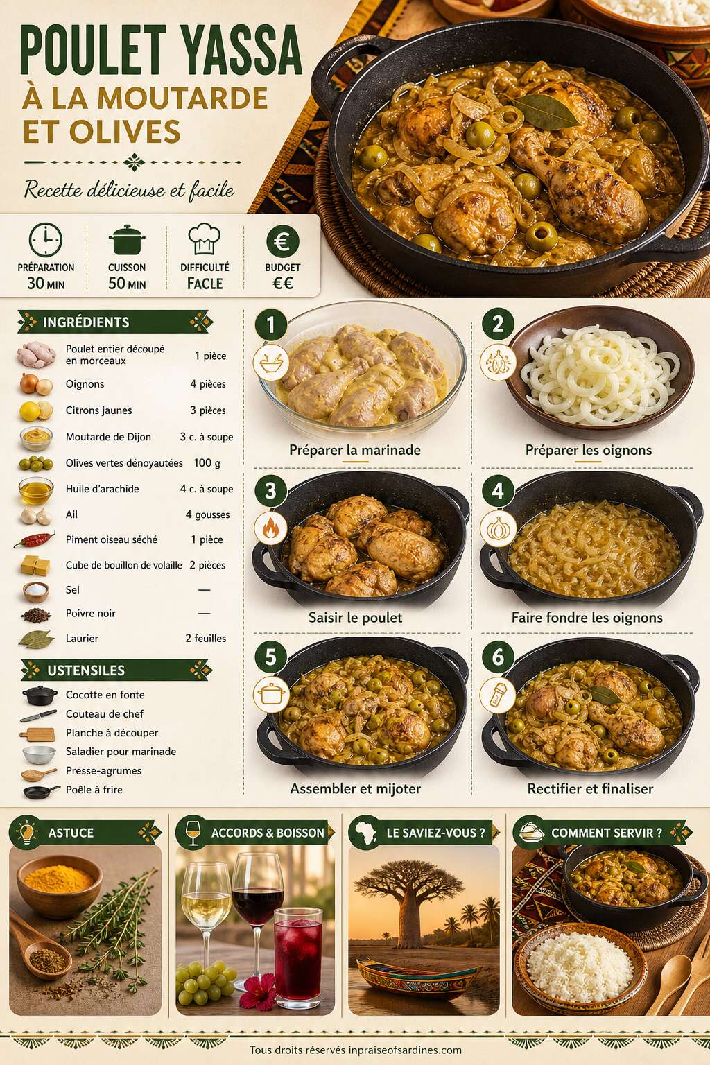 Fiche recette Poulet Yassa à la Moutarde et Olives : recette délicieuse et facile Fiche recette Poulet Yassa à la Moutarde et Olives : recette délicieuse et facile