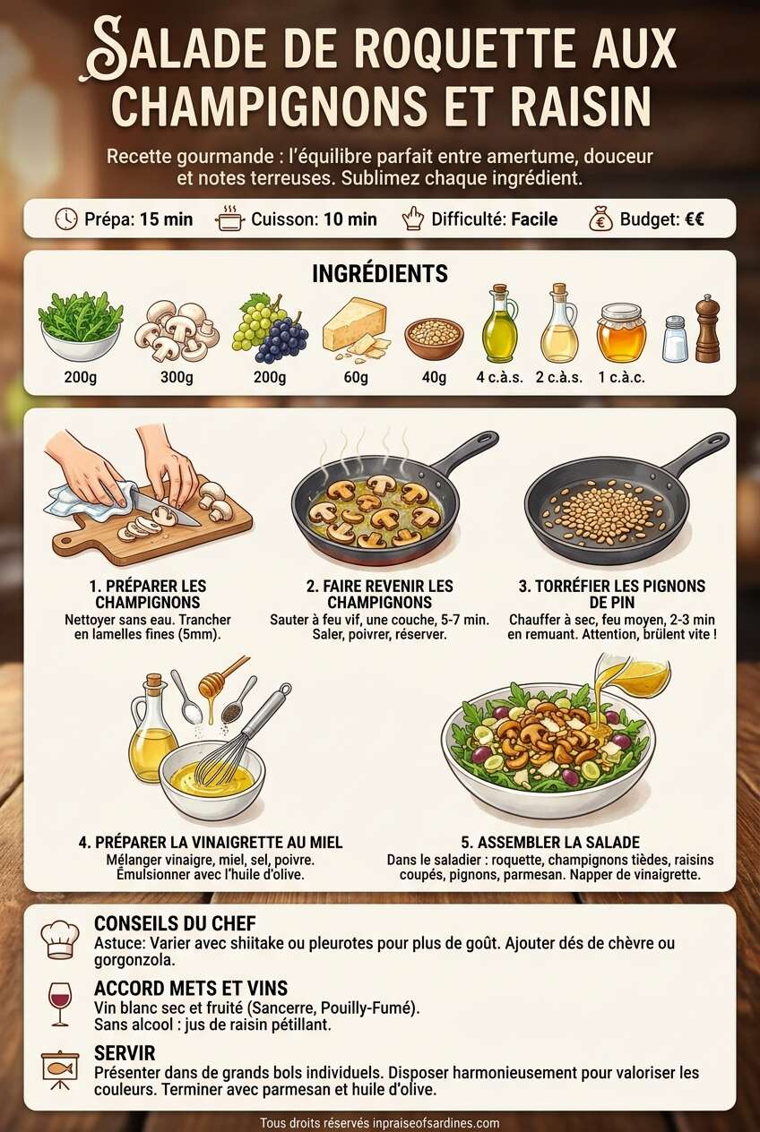 Fiche recette Salade de roquette aux champignons et raisin : une recette gourmande Fiche recette Salade de roquette aux champignons et raisin : une recette gourmande