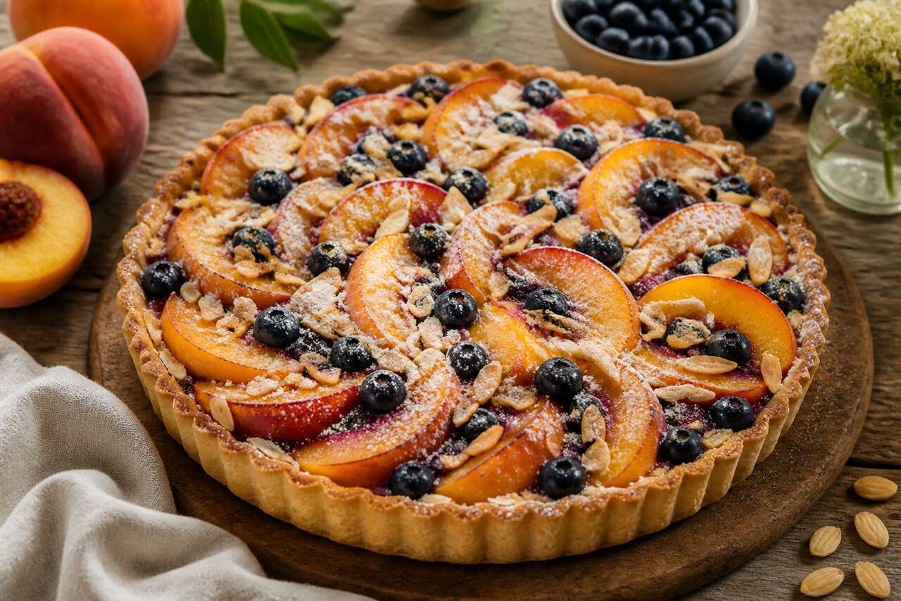 Tarte pêche-myrtille : recette aux amandes effilées