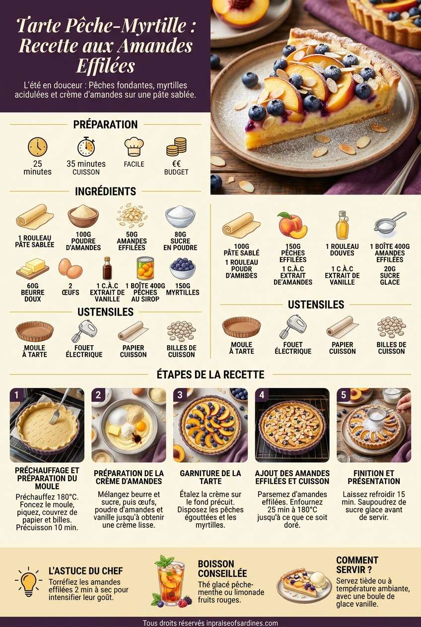 Fiche recette Tarte p&ecirc;che-myrtille : recette aux amandes effil&eacute;es