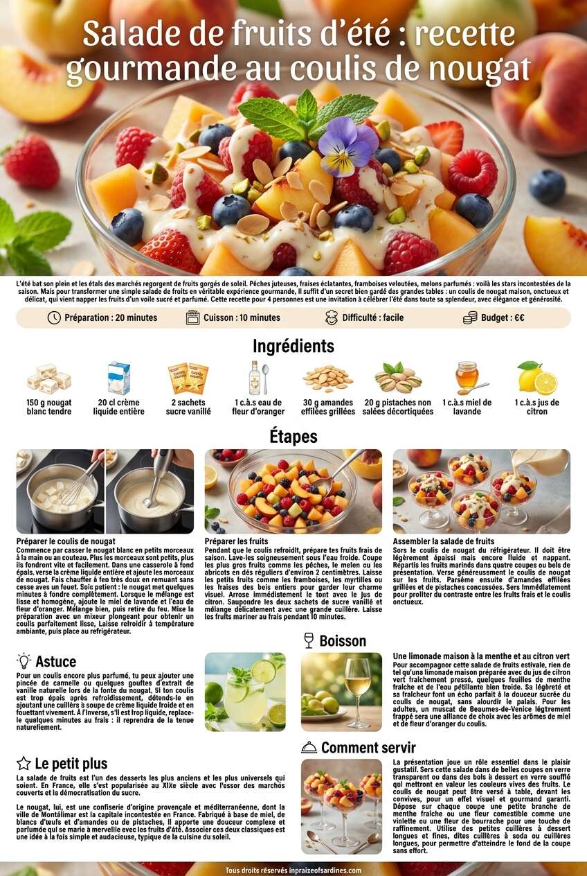 Fiche recette Salade de fruits d'&eacute;t&eacute; : recette gourmande au coulis de nougat