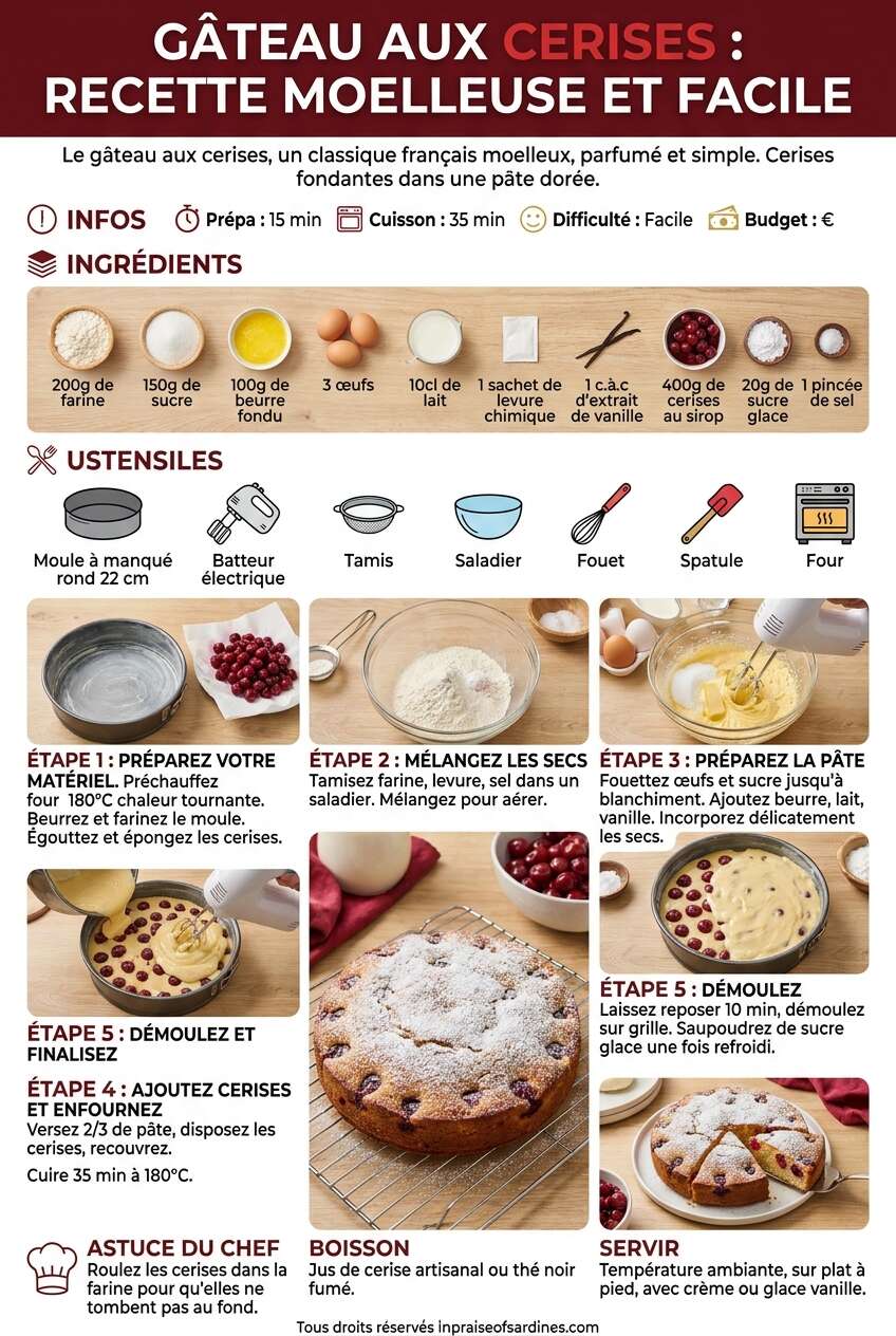 Fiche recette Gâteau aux cerises : recette moelleuse et facile Fiche recette Gâteau aux cerises : recette moelleuse et facile