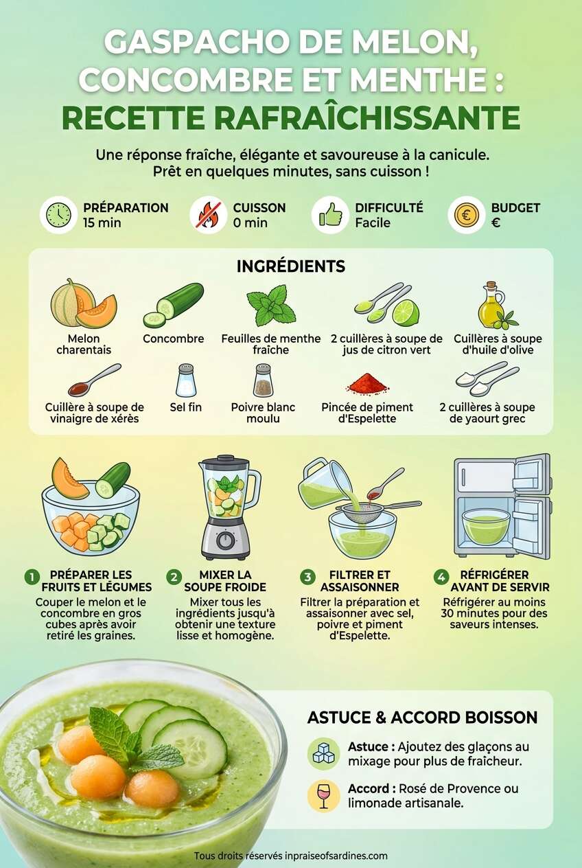 Fiche recette Gaspacho de melon, concombre et menthe : recette rafraîchissante Fiche recette Gaspacho de melon, concombre et menthe : recette rafraîchissante