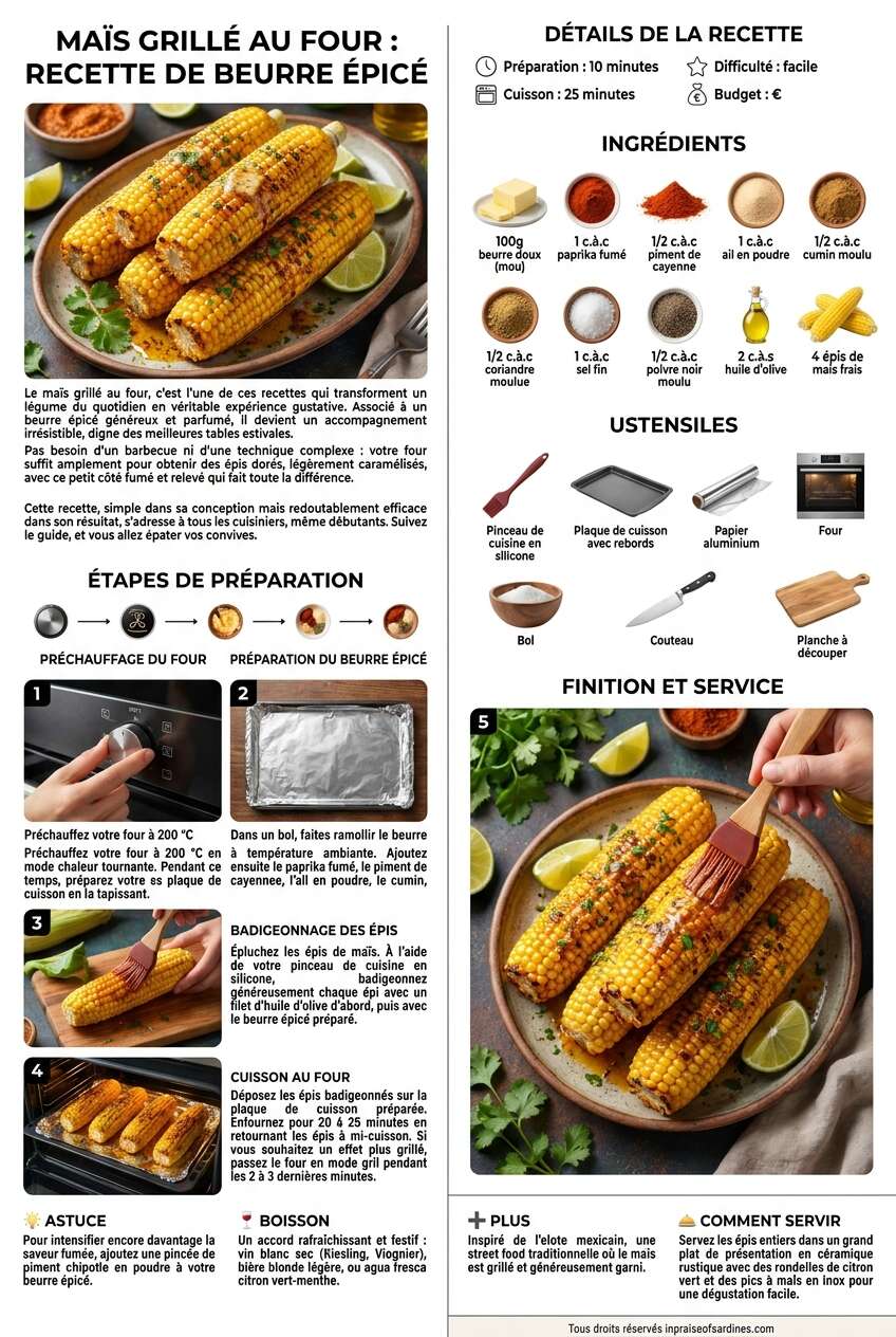 Fiche recette Maïs grillé au four : recette de beurre épicé Fiche recette Maïs grillé au four : recette de beurre épicé