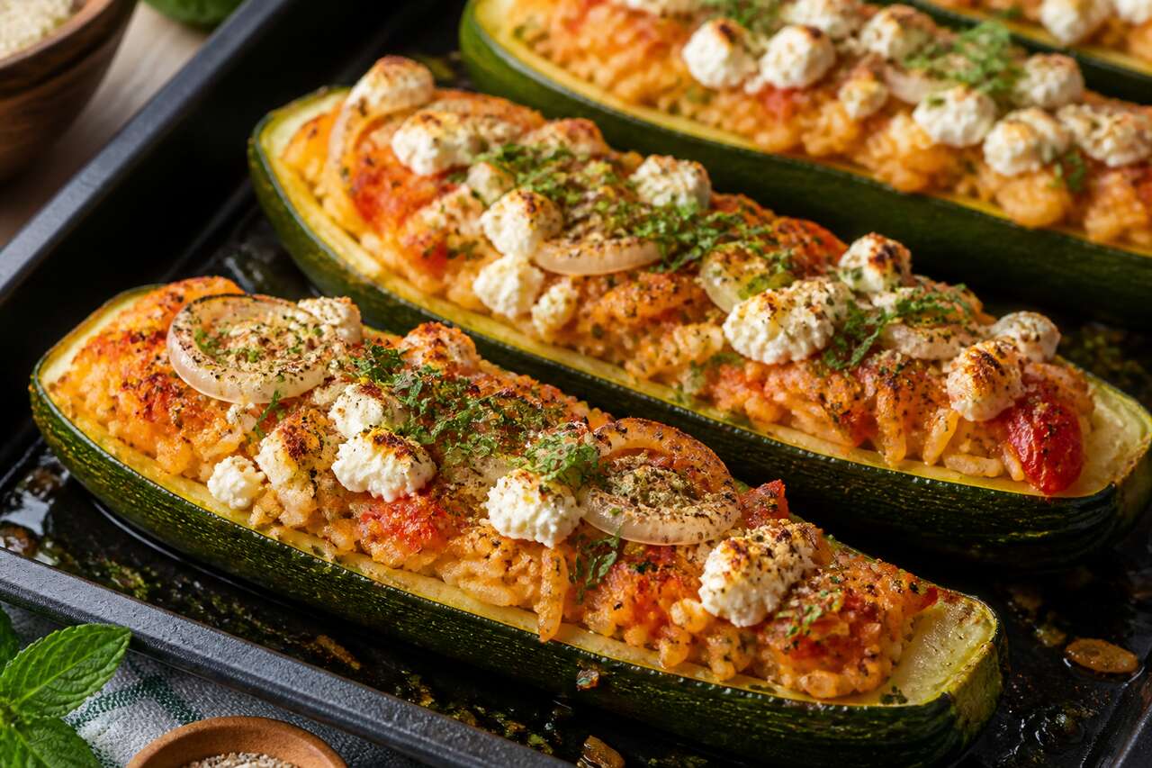 Courgettes farcies au riz et feta : recette au four