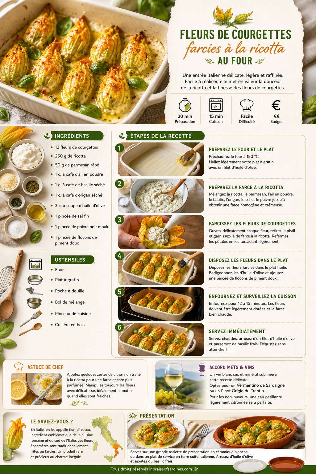 Fiche recette Fleurs de courgettes farcies à la ricotta au four Fiche recette Fleurs de courgettes farcies à la ricotta au four