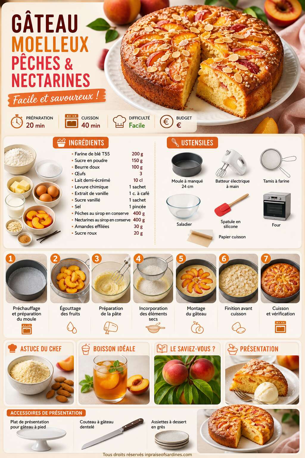 Fiche recette Gâteau moelleux pêches et nectarines : recette facile et savoureuse Fiche recette Gâteau moelleux pêches et nectarines : recette facile et savoureuse