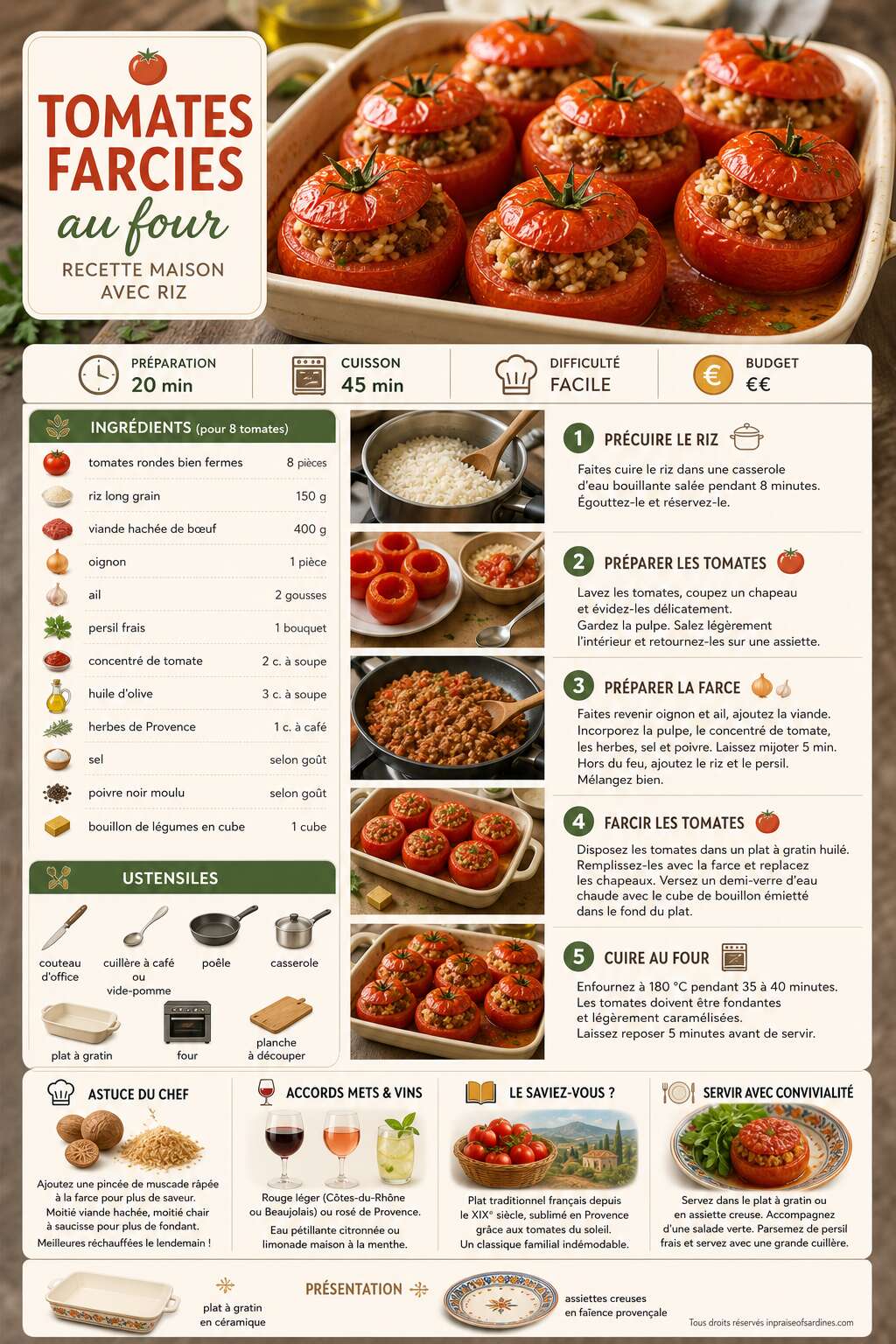 Fiche recette Tomates farcies au four : recette maison avec riz Fiche recette Tomates farcies au four : recette maison avec riz