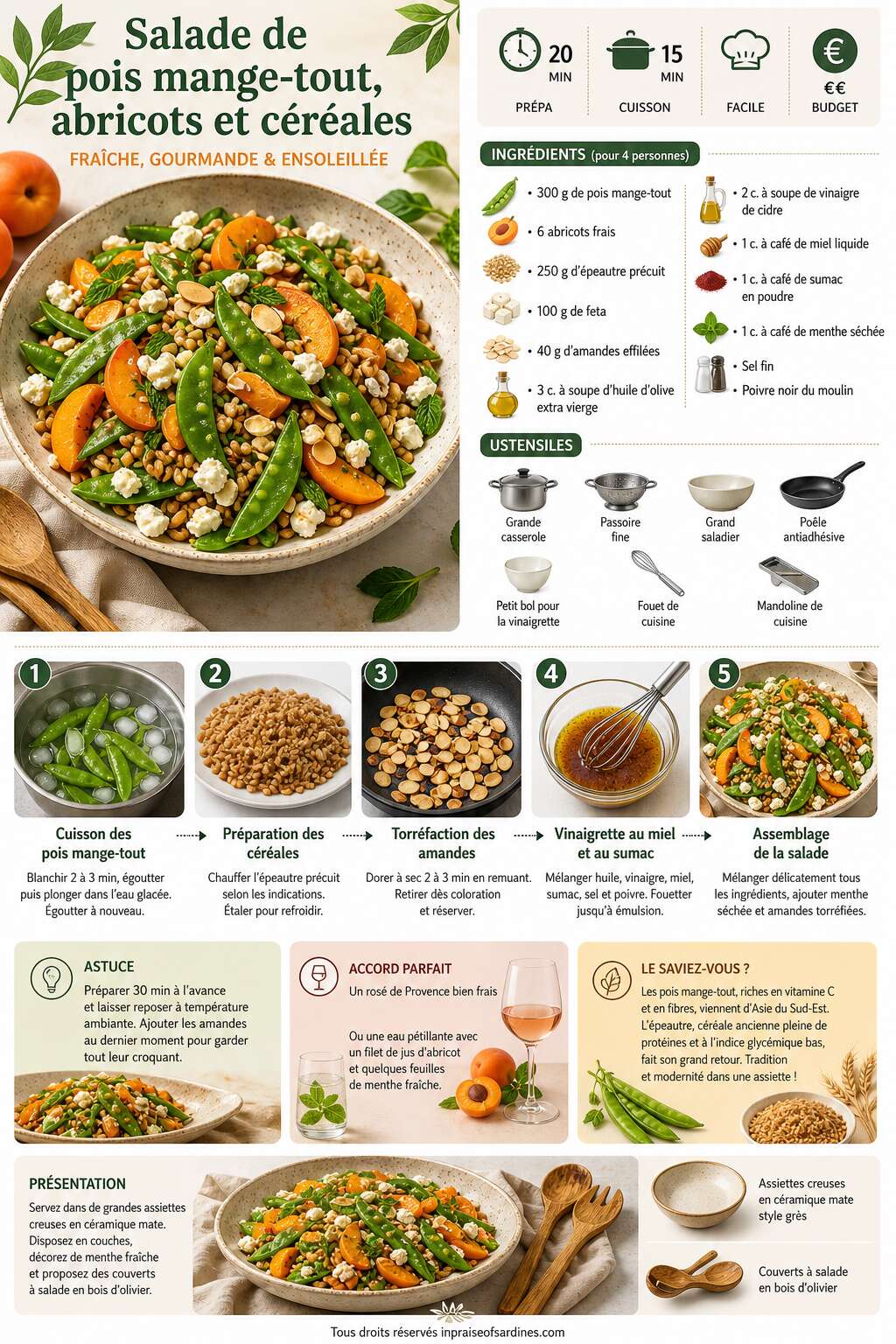 Fiche recette Salade de pois mange-tout, abricots et c&eacute;r&eacute;ales : une recette fra&icirc;che et gourmande