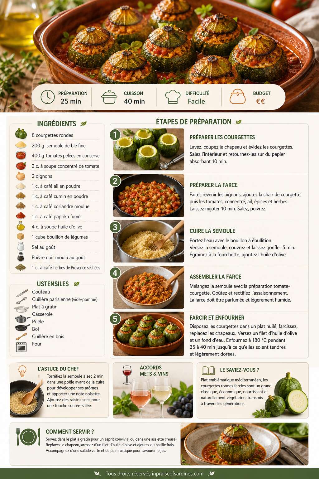 Fiche recette Courgettes rondes farcies : recette &agrave; la semoule et tomate