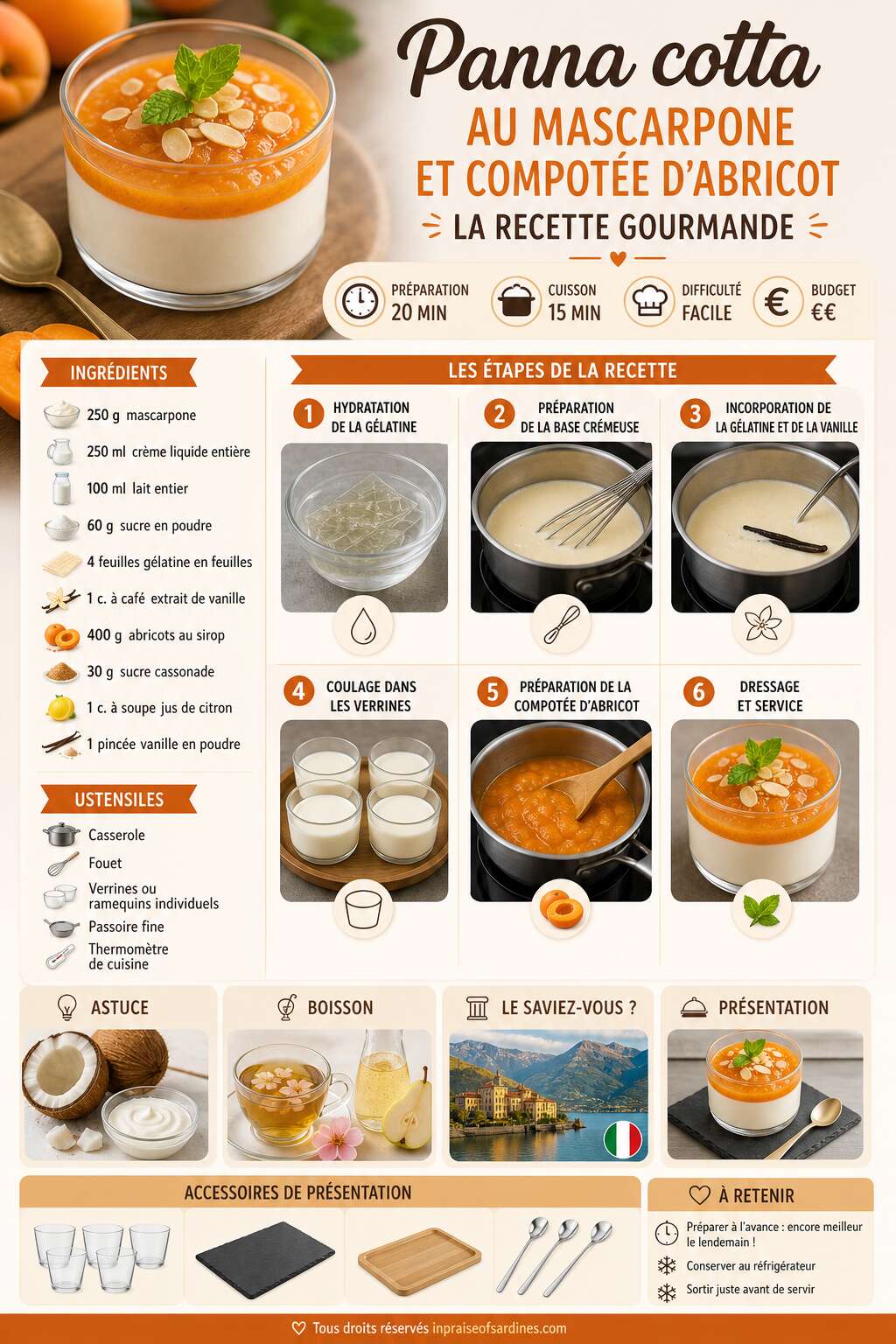 Fiche recette Panna cotta au mascarpone et compotée d'abricot : la recette gourmande Fiche recette Panna cotta au mascarpone et compotée d'abricot : la recette gourmande