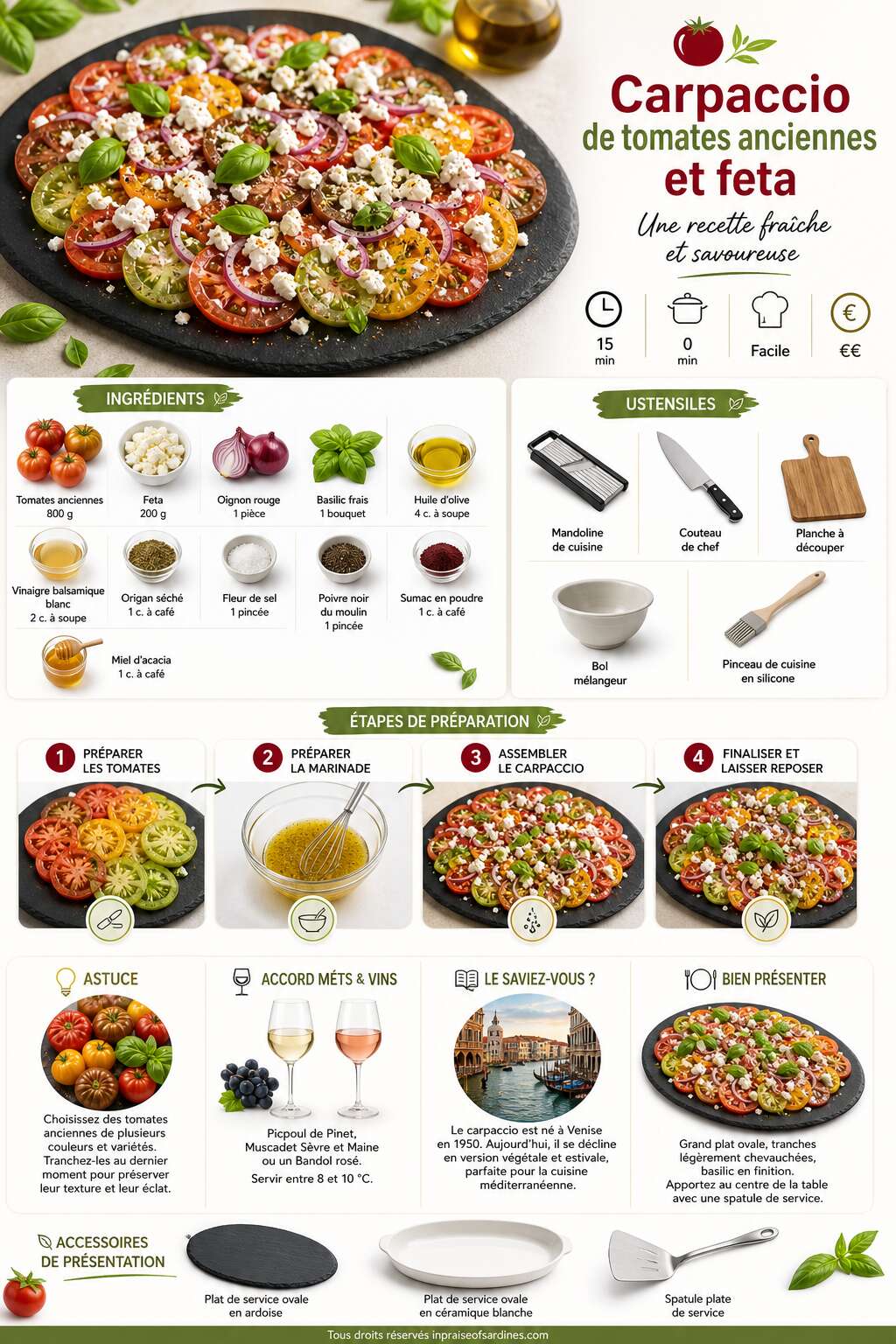 Fiche recette Carpaccio de tomates anciennes et feta : une recette fra&icirc;che et savoureuse