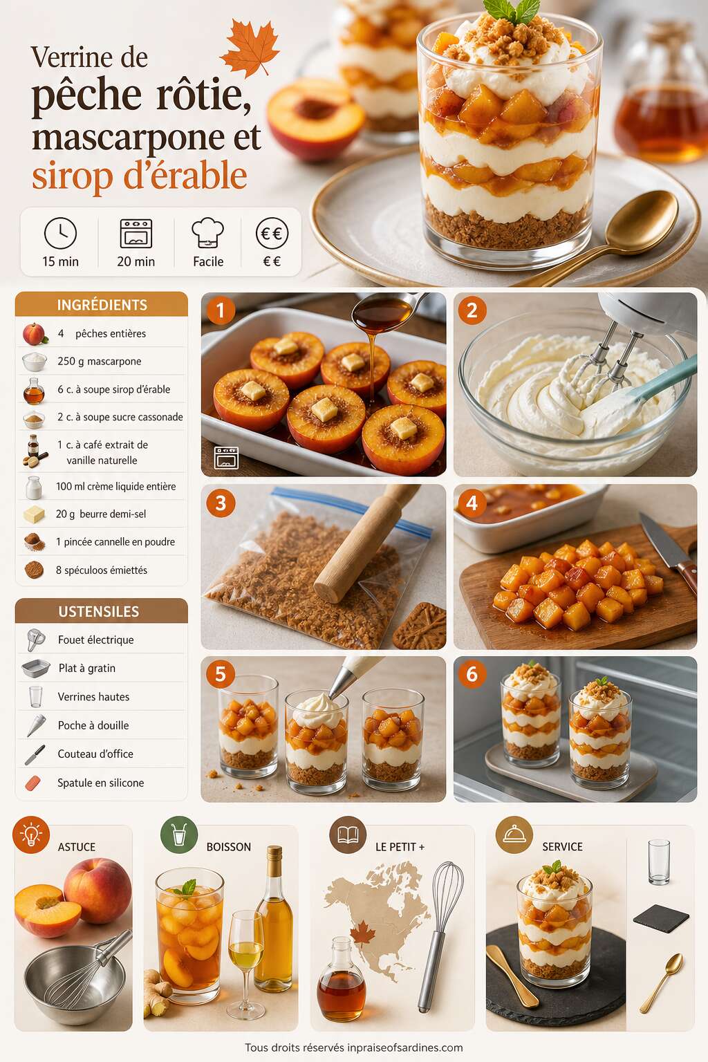 Fiche recette Verrine de p&ecirc;che r&ocirc;tie, mascarpone et sirop d'&eacute;rable