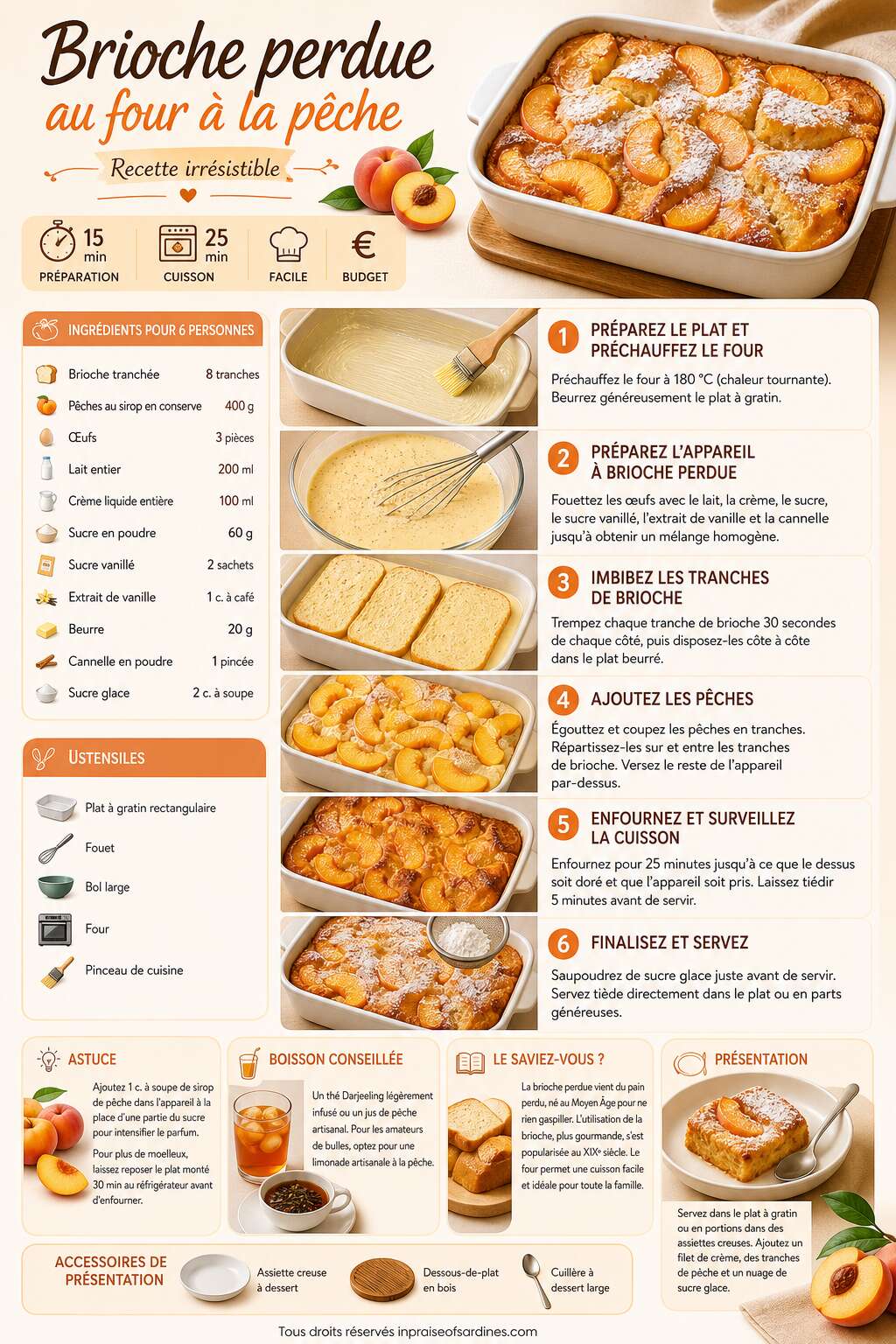 Fiche recette Brioche perdue au four à la pêche : recette irrésistible Fiche recette Brioche perdue au four à la pêche : recette irrésistible