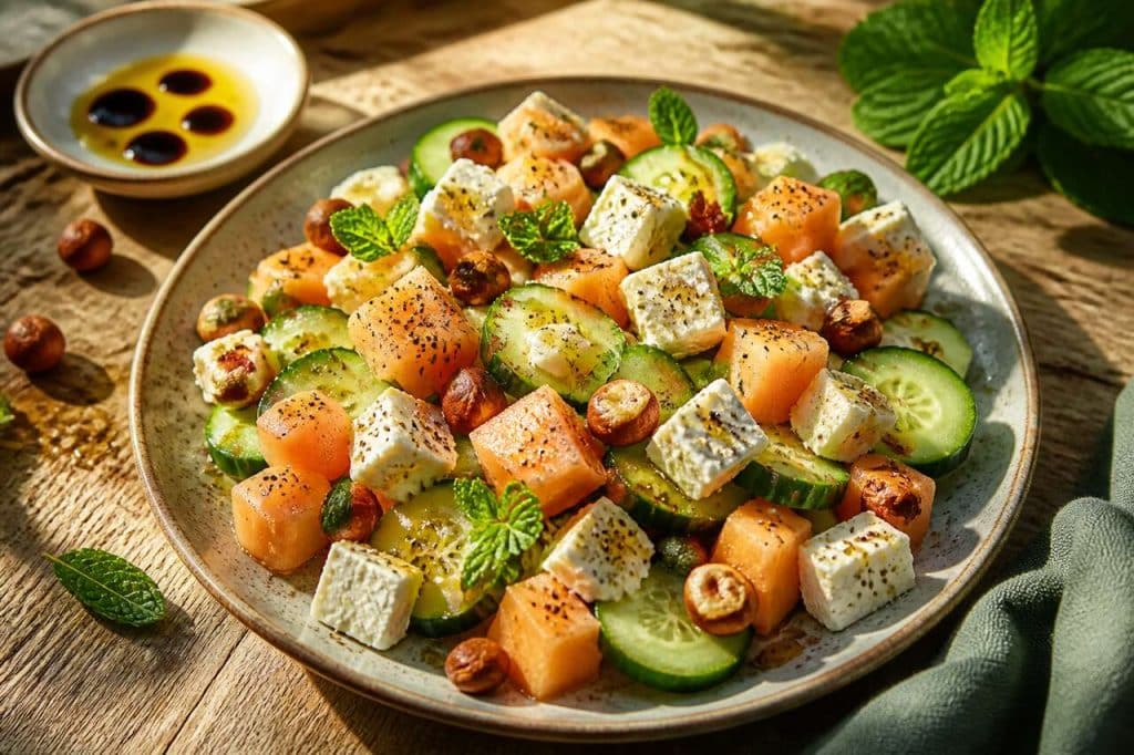 Salade fraîche concombre, feta, melon et noisettes