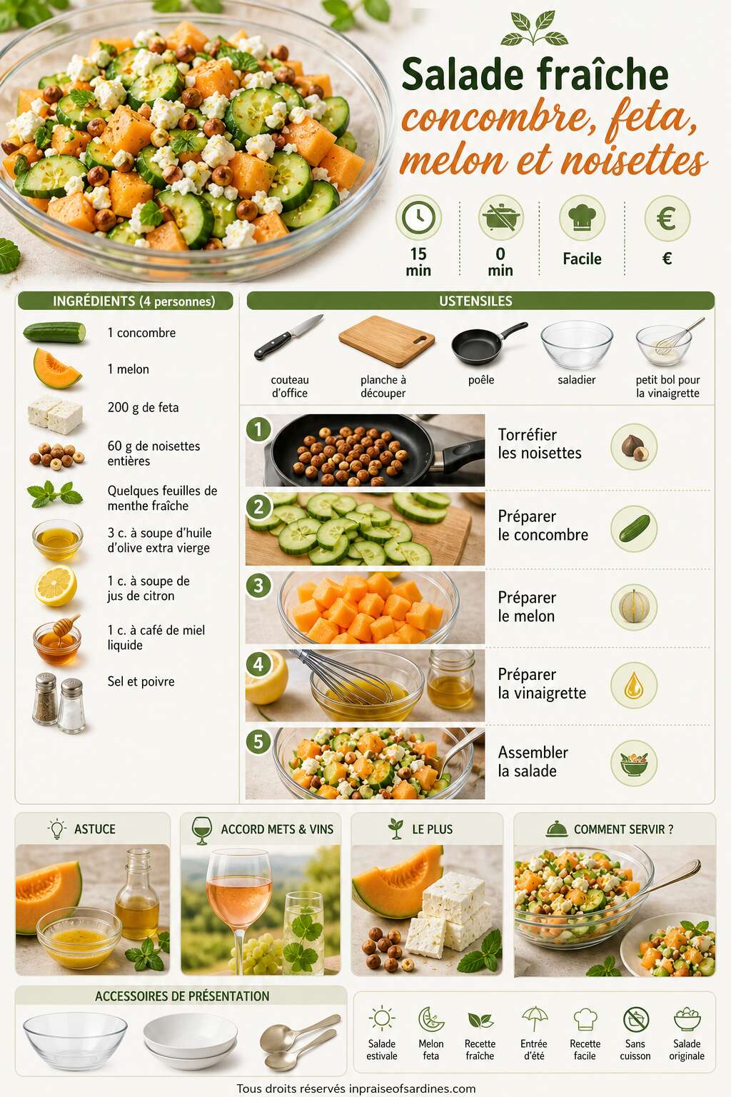 Fiche recette Salade fraîche concombre, feta, melon et noisettes Fiche recette Salade fraîche concombre, feta, melon et noisettes
