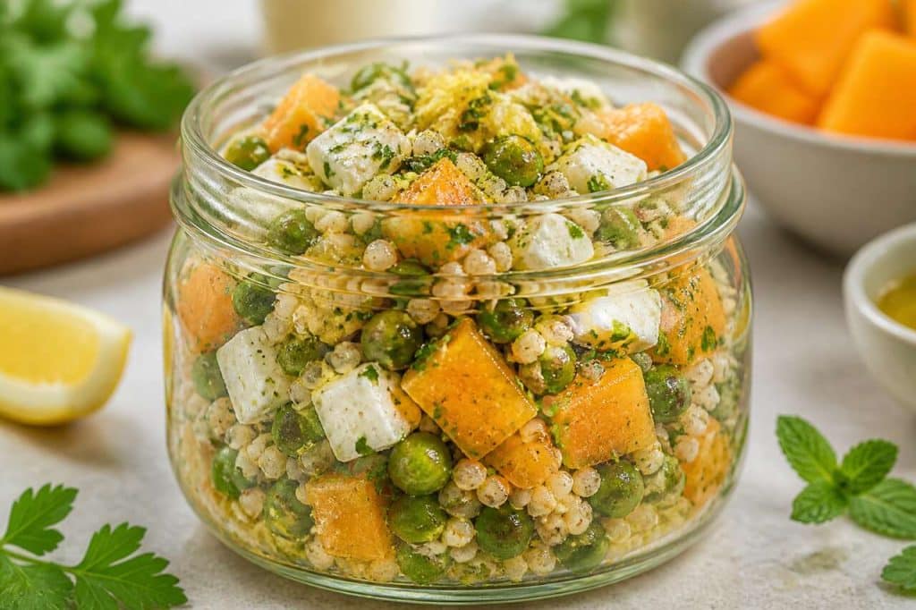 Taboulé en bocal : petit pois, feta et melon