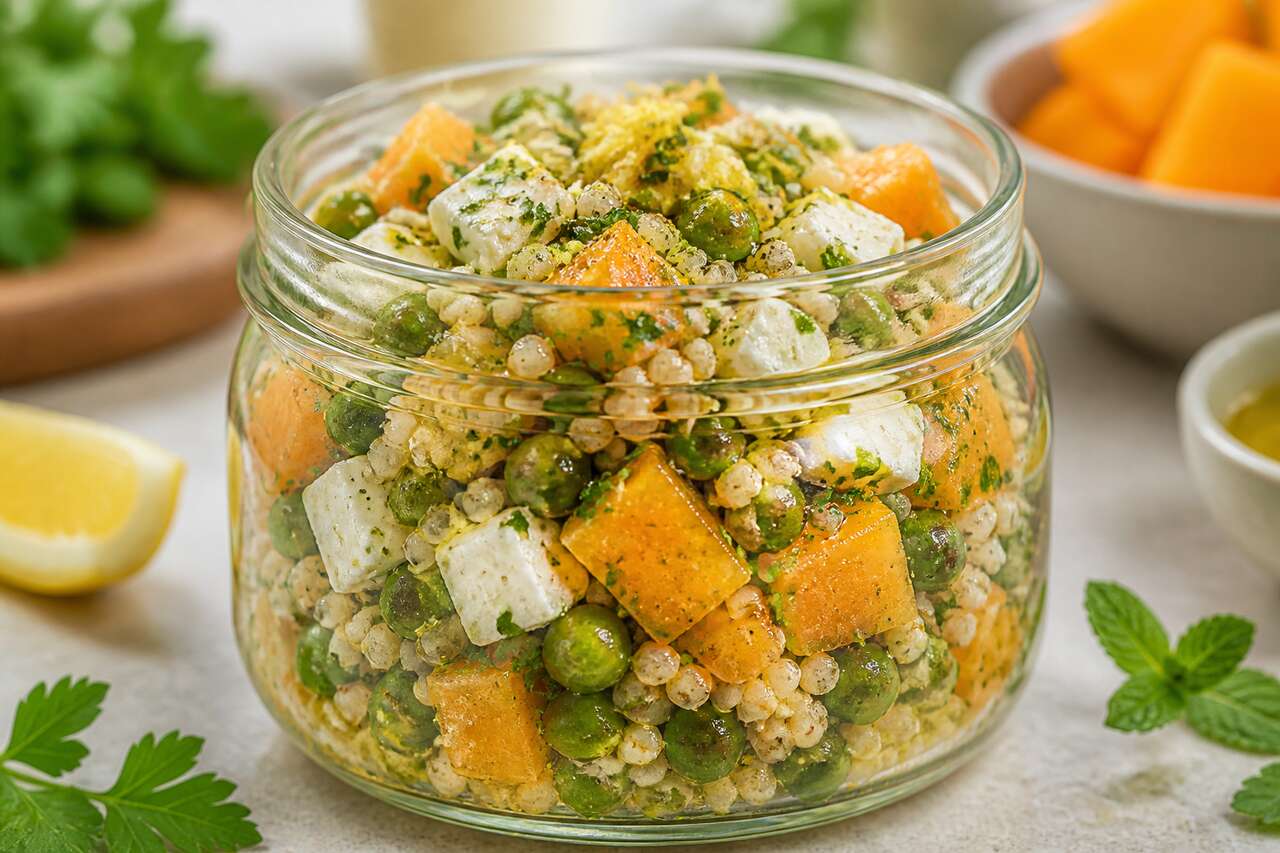 Taboulé en bocal : petit pois, feta et melon