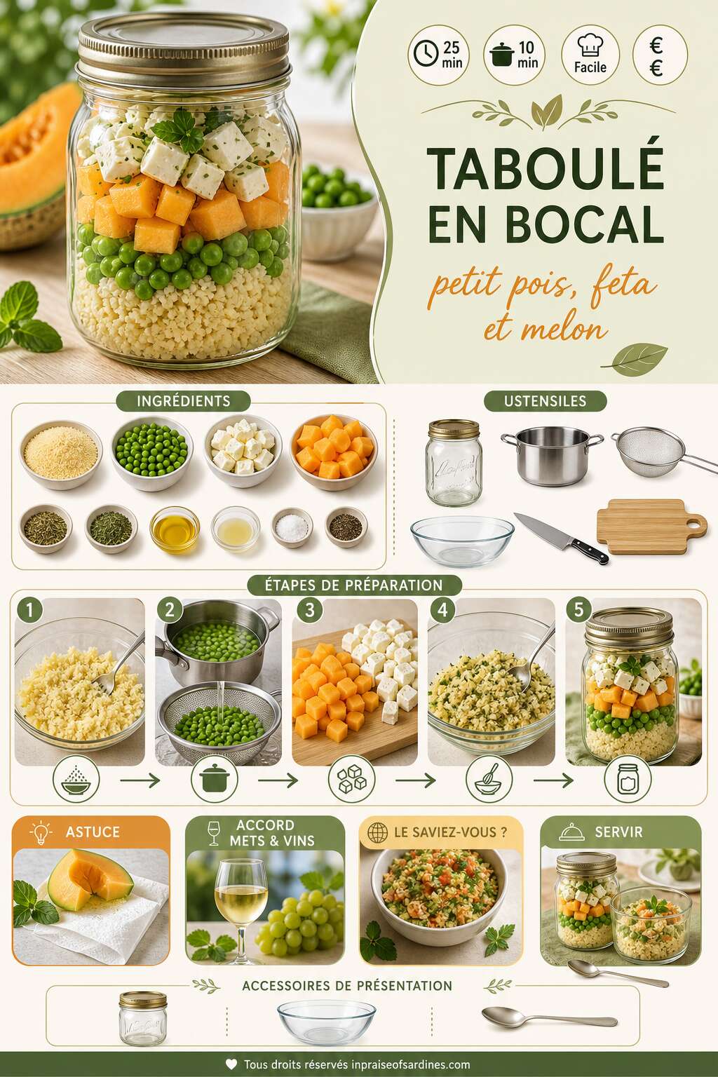 Fiche recette Taboulé en bocal : petit pois, feta et melon Fiche recette Taboulé en bocal : petit pois, feta et melon