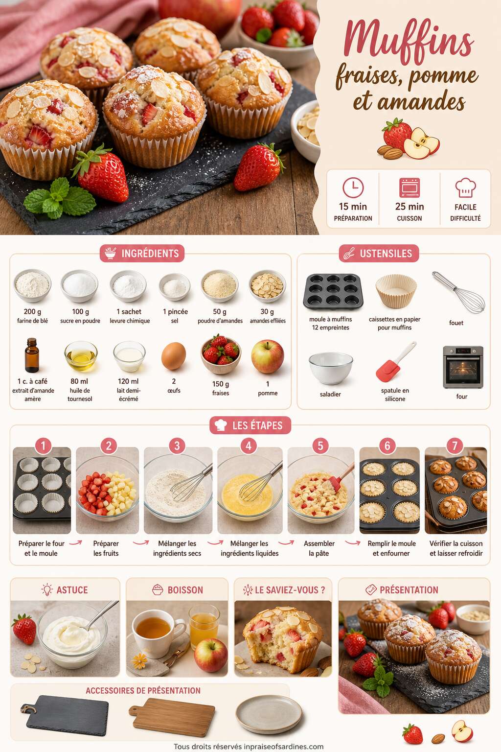 Fiche recette Muffins fraises, pomme et amandes : la recette facile Fiche recette Muffins fraises, pomme et amandes : la recette facile