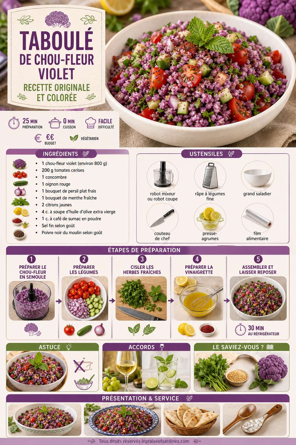 Fiche recette Taboulé de chou-fleur violet : recette originale et colorée Fiche recette Taboulé de chou-fleur violet : recette originale et colorée