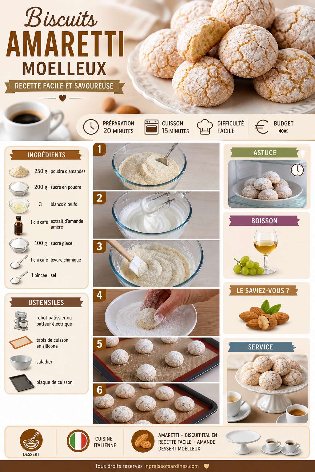 Fiche recette Biscuits amaretti moelleux : recette facile et savoureuse