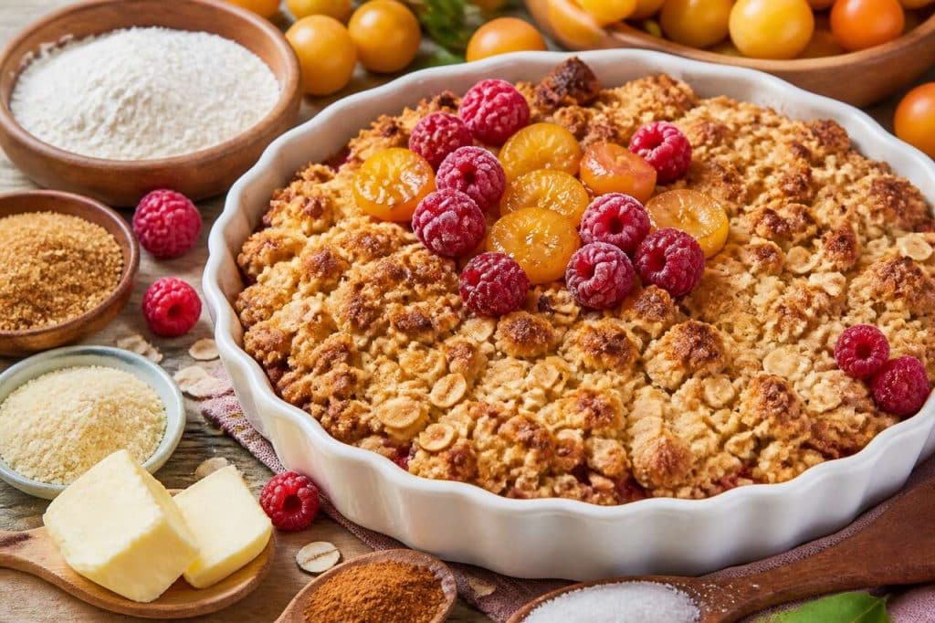 Crumble aux framboises et mirabelles
