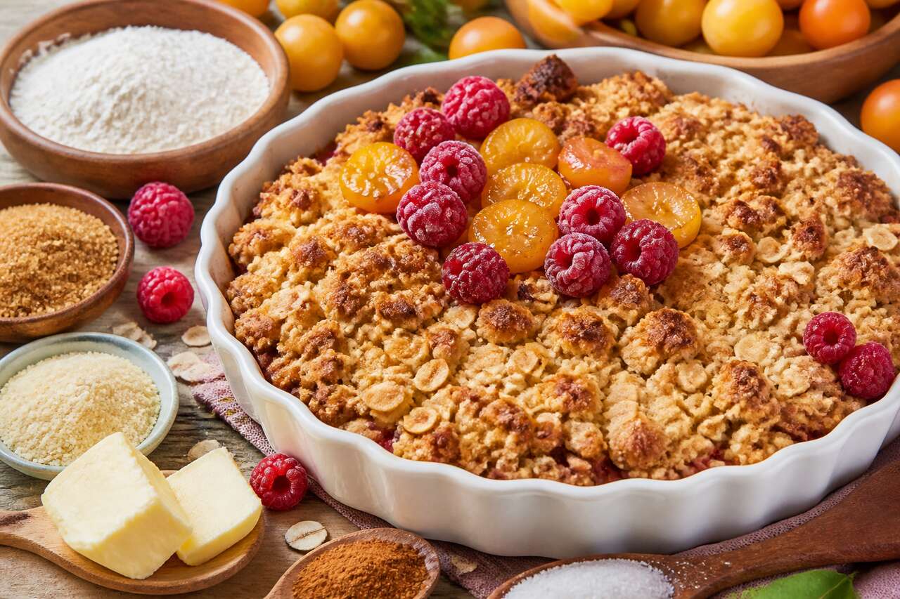 Crumble aux framboises et mirabelles