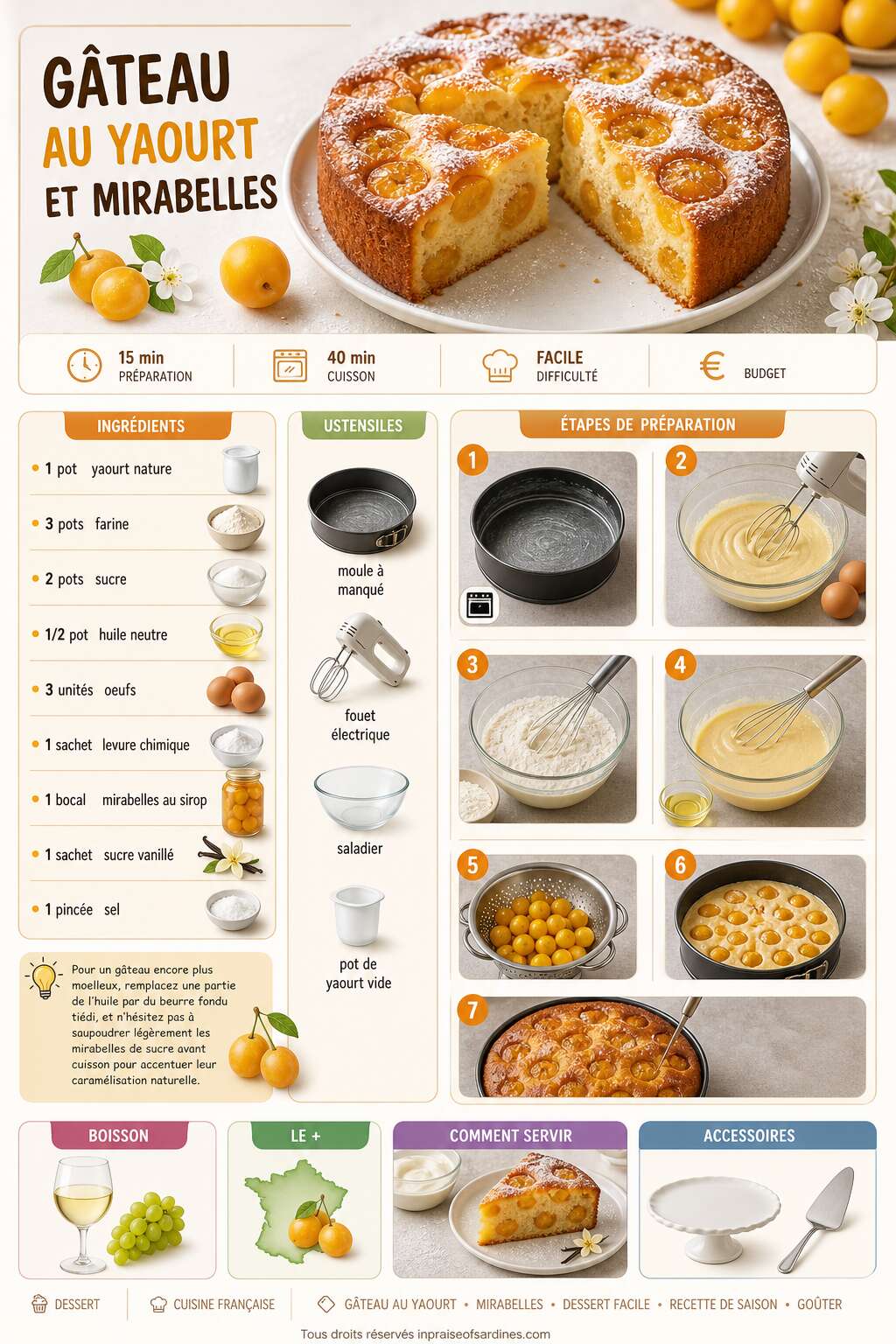 Fiche recette Gâteau au yaourt et mirabelles : recette facile Fiche recette Gâteau au yaourt et mirabelles : recette facile