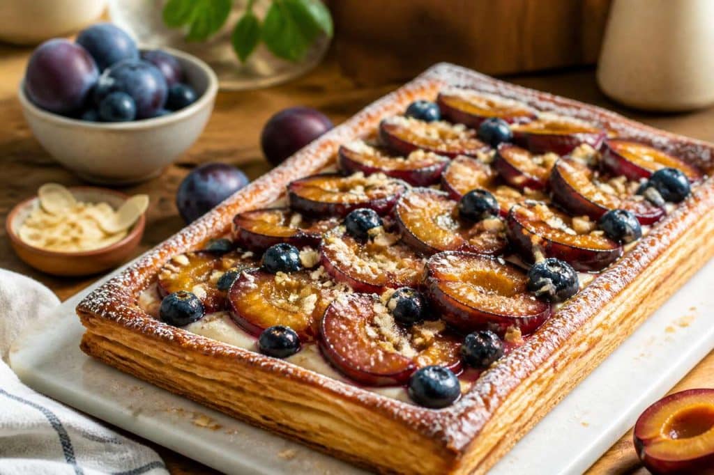 Tarte aux quetsches, myrtilles et crème d'amande : recette gourmande