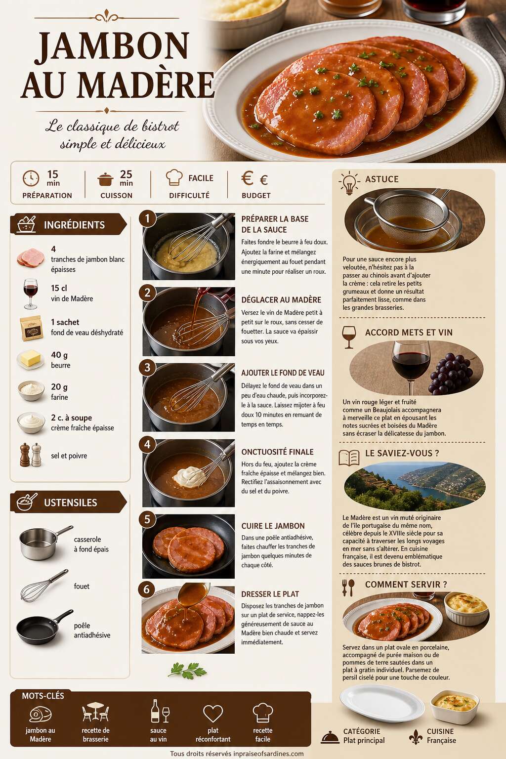 Fiche recette Recette de jambon au Mad&egrave;re : savourez ce classique simple et d&eacute;licieux