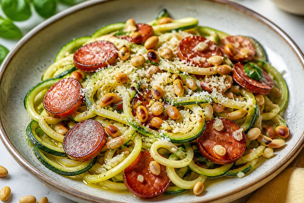 Courgette spaghetti : recette au chorizo et pignons