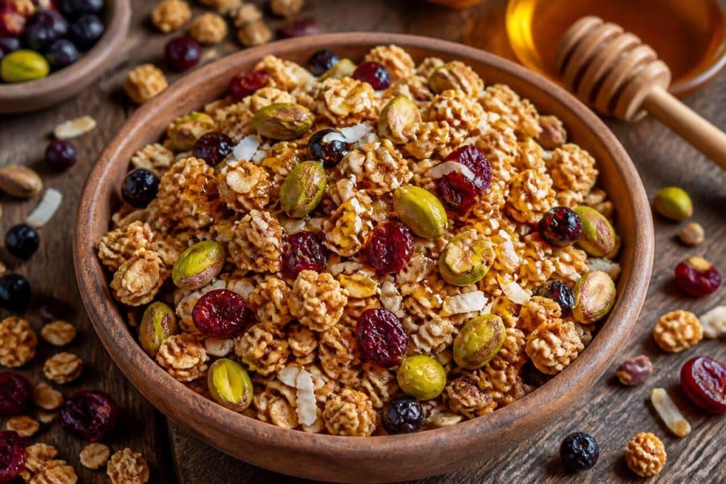 Granola maison : fruits rouges, pistaches et noix de coco