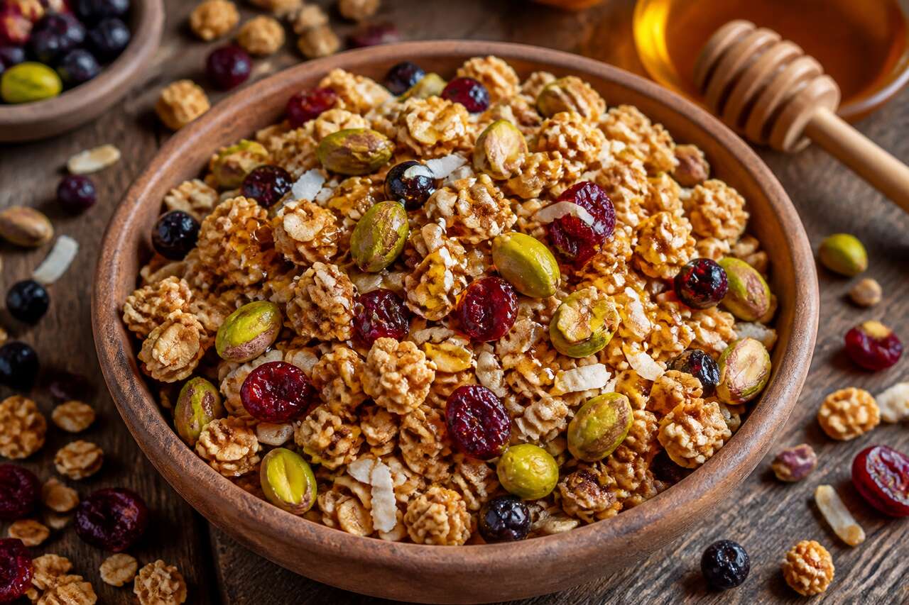 Granola maison : fruits rouges, pistaches et noix de coco