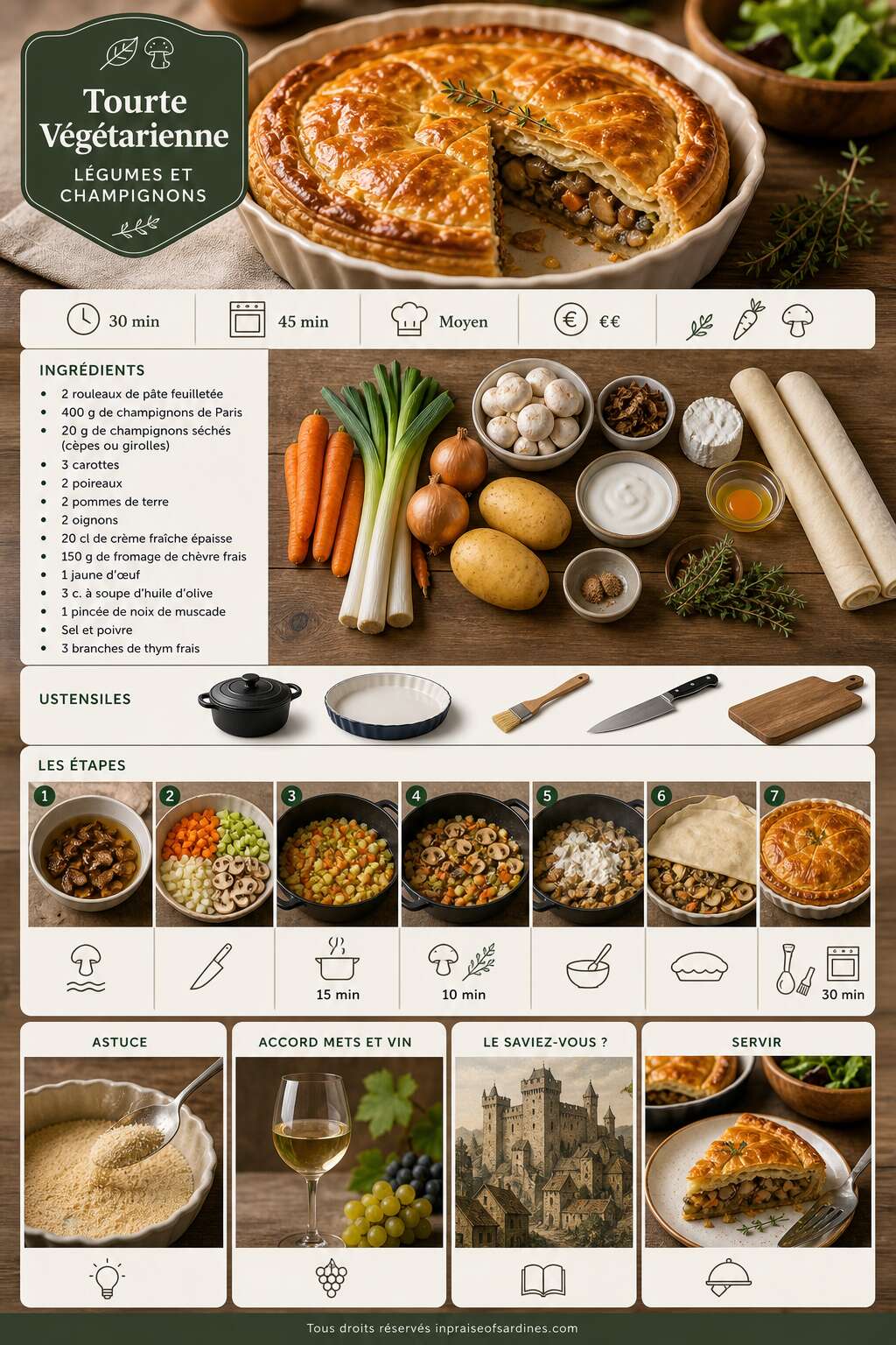 Fiche recette Tourte Végétarienne : légumes et Champignons Fiche recette Tourte Végétarienne : légumes et Champignons