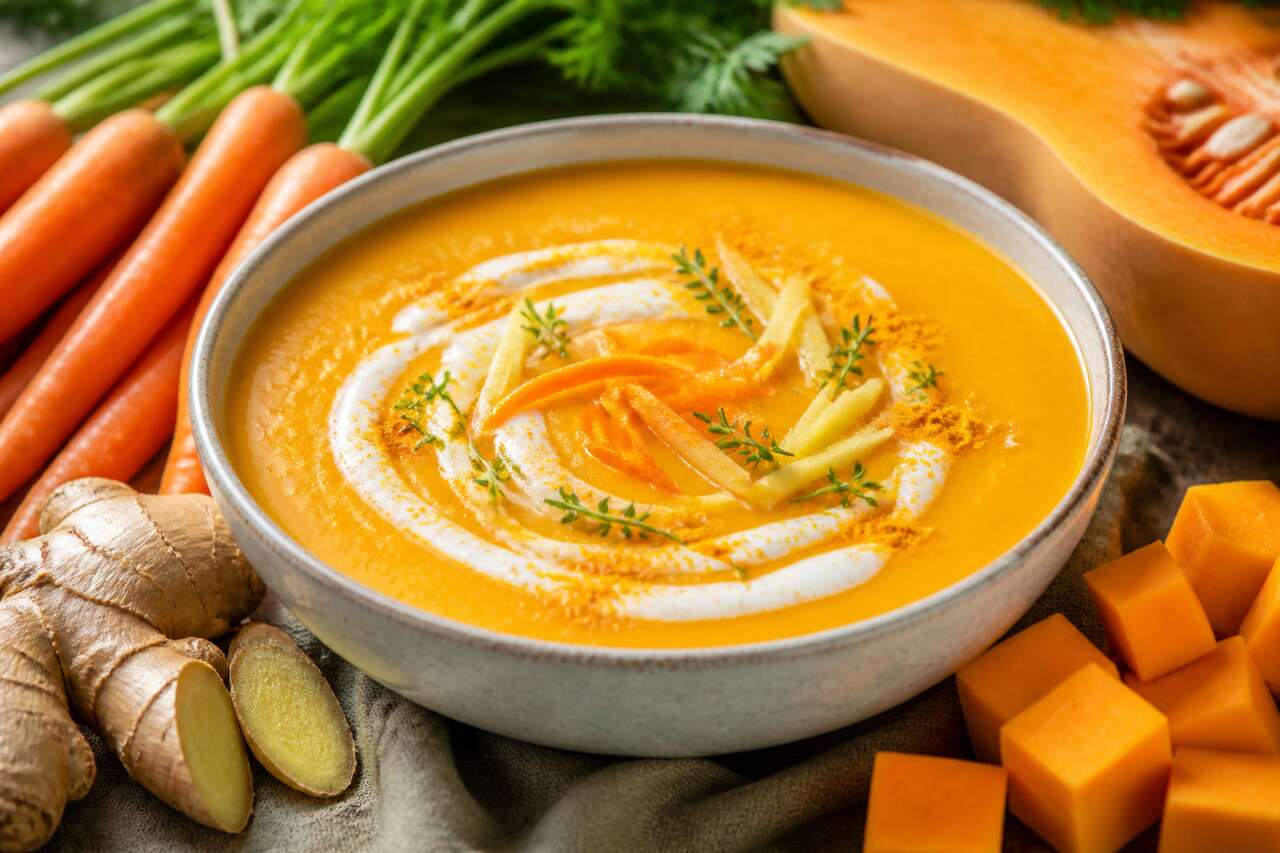 Soupe de carotte, butternut, curcuma et orange : recette gourmande