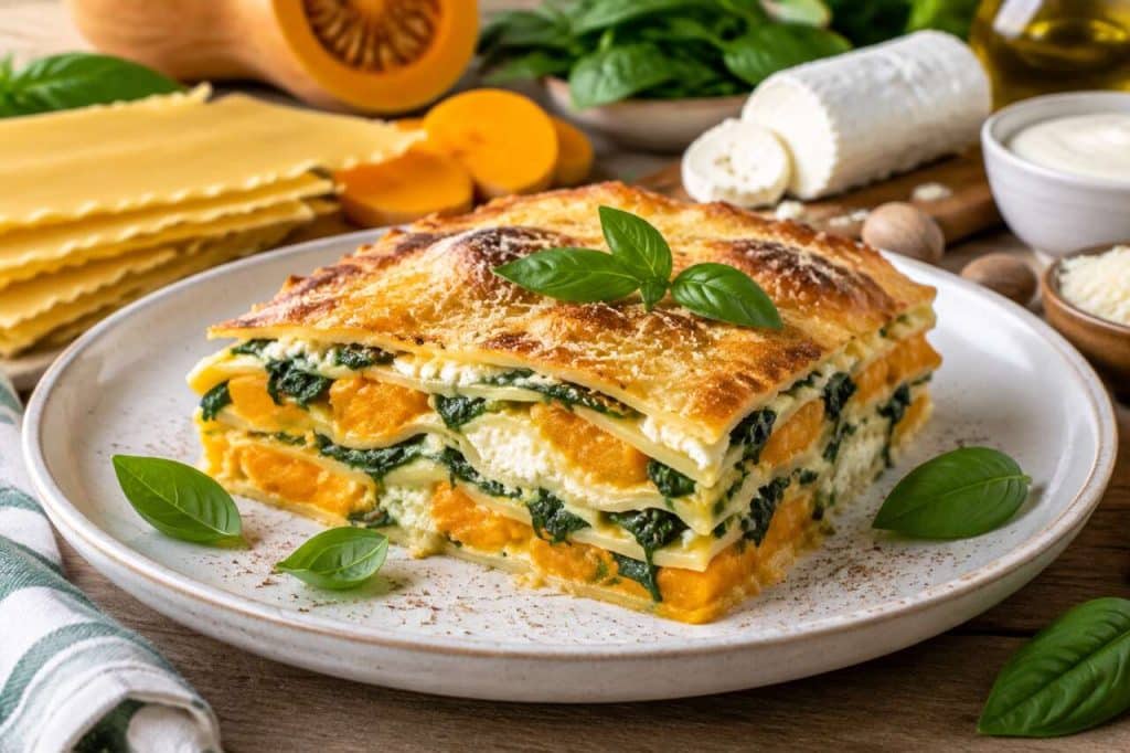 Lasagnes végétariennes : courge butternut, chèvre et épinards