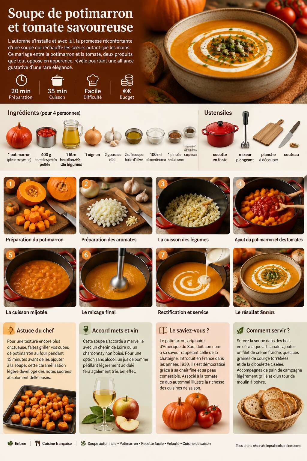 Fiche recette Recette soupe de potimarron et tomate savoureuse Fiche recette Recette soupe de potimarron et tomate savoureuse