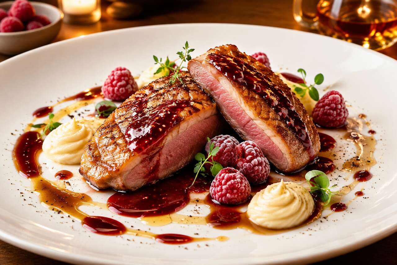 Magret de canard aux framboises flambé au cognac : recette gourmande